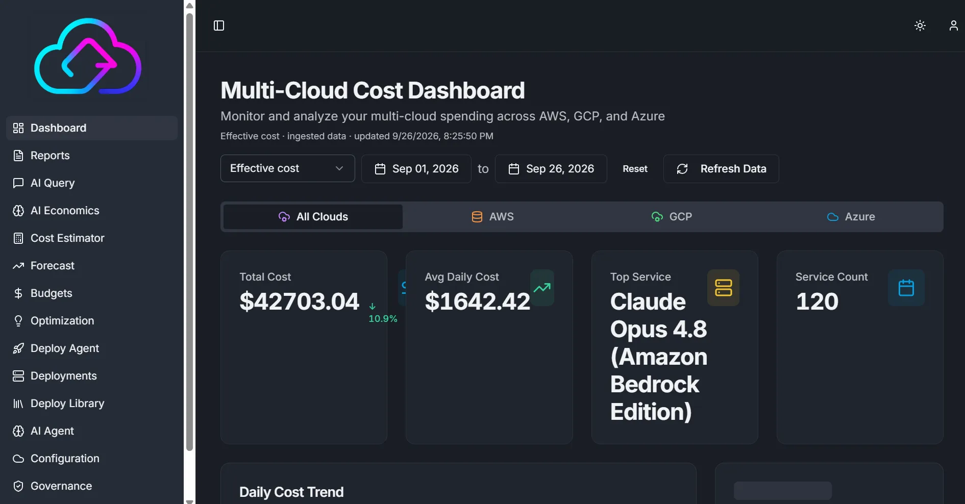 Cloudwise Multi Cloud Cost Dashboard with AWS, GCP and Azure filters, effective cost date controls, total cost, average daily cost, top service and service count.