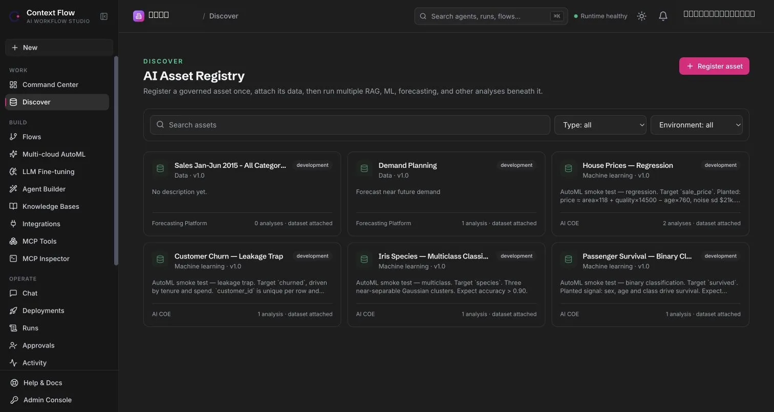 ContextFlow Discover page listing registered AI assets.